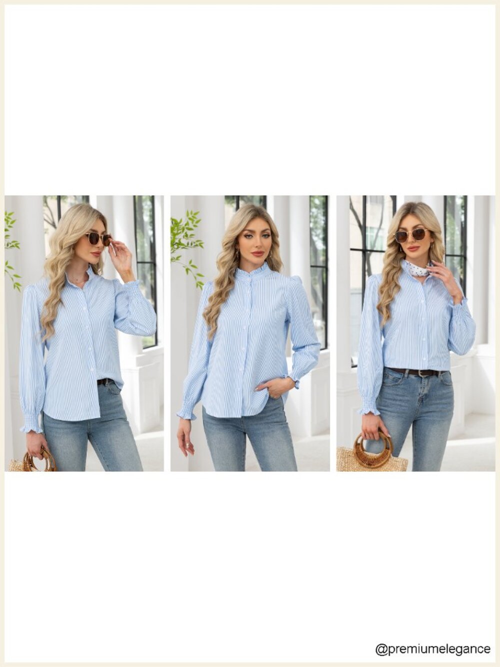Striped Long Sleeve Button Down Blouse with Ruffle Collar Smocked Cuffs - Picture 6 of 6